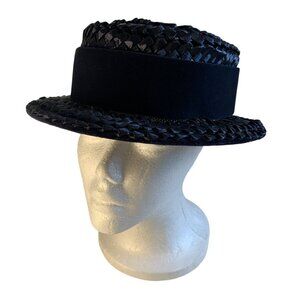 Womens Navy-Blue Straw-Style Hat Velvet Ribbon Bow & Pin Classic Chic 22"